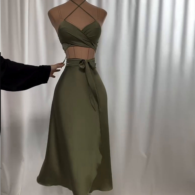 Tube-top Strap Vest And Waist-cinching Skirt Set