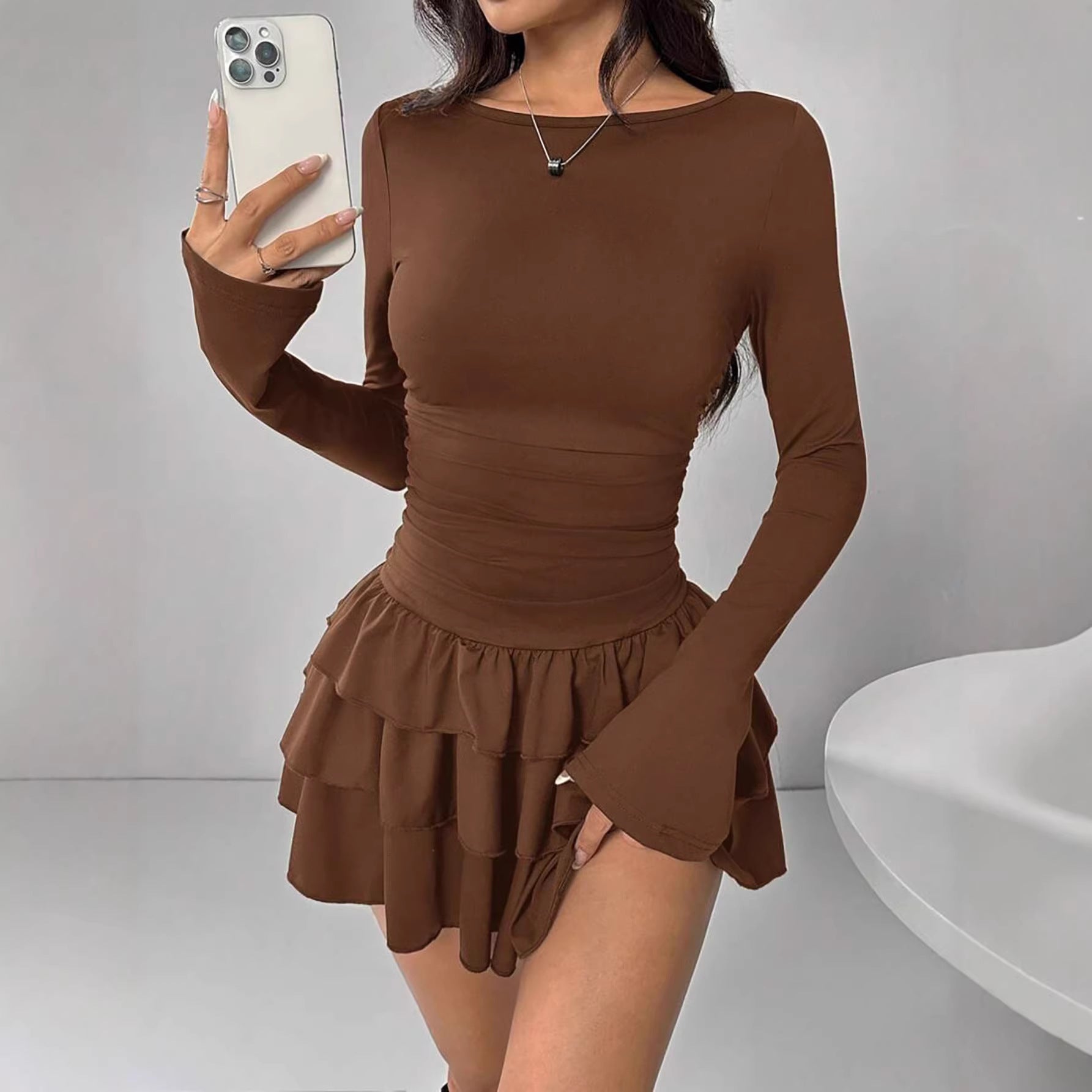 Round-neck Sheath Dress With Pleats And Long Sleeves