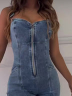 Sleeveless Paneled Zipper Denim Jumpsuit