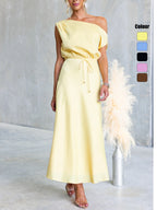 Slant Shoulder Solid Color Lace Up Dress