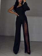 Single Sleeve Patchwork Mesh Jumpsuit