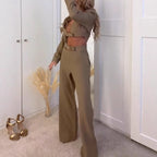 Womens Waist-revealing Straight-leg Pants And Long-sleeve Top Set