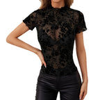 Womens Solid-Color Stand Collar Mesh Flocked Short-Sleeve Top