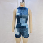 Casual Sleeveless Denim Jumpsuit With A Fitted Waist And Print Design