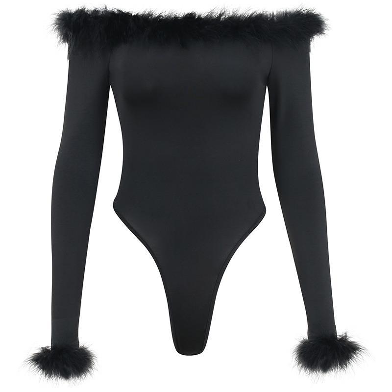 Canadian-style Form-fitting Furry Off-shoulder Long-sleeve Jumpsuit For Outerwear