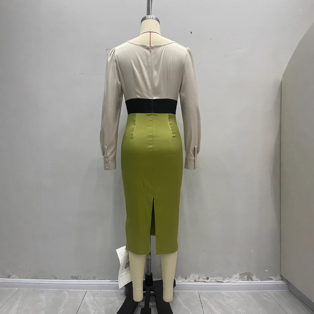 French-Elegant Lace-Trimmed Satin-Textured Midi Dress