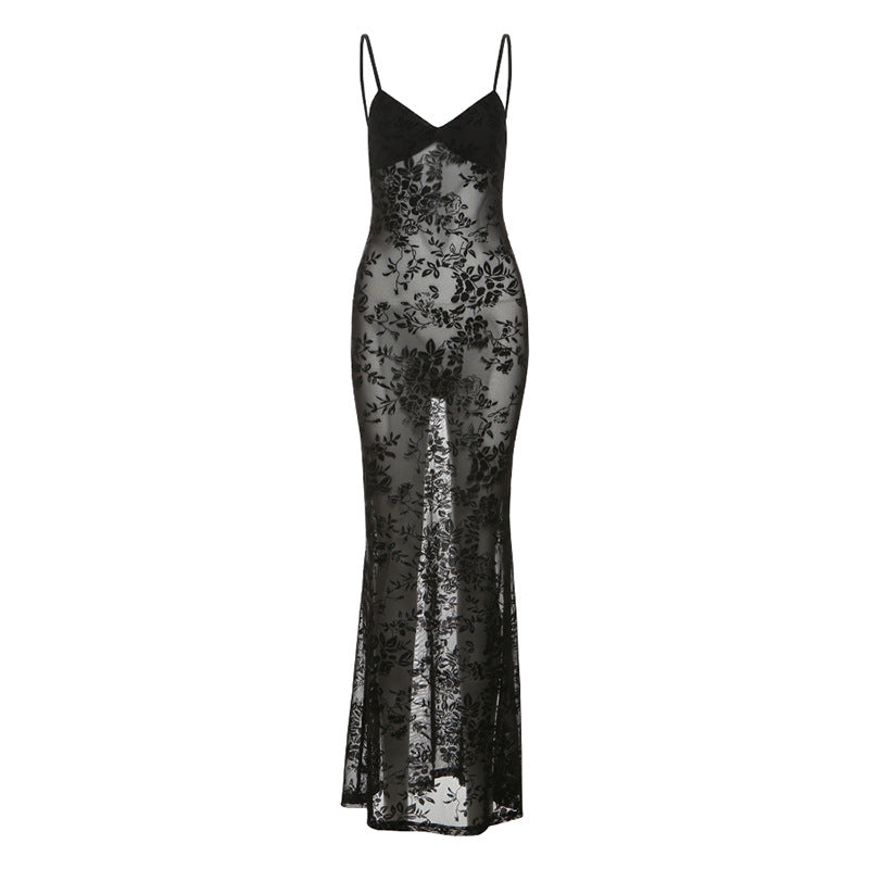 Women's Mesh Sexy See-through V-neck Backless Slim Fit Sling Dress