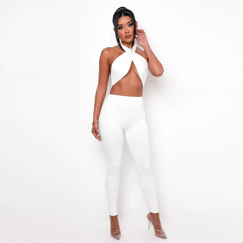 Sexy Halter Halter Pure Color High Waist Skinny Casual Sports Jumpsuit