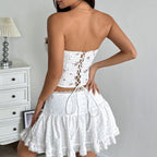 Womens Floral Lace Trim Underwire Fishbone Hollow-Out Lace-Up Tube Top