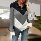 Casual Lapel Contrast-color Long-sleeve Knitted Zip-up Sweater
