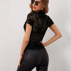 Womens Solid-Color Stand Collar Mesh Flocked Short-Sleeve Top