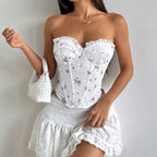 Womens Floral Lace Trim Underwire Fishbone Hollow-Out Lace-Up Tube Top