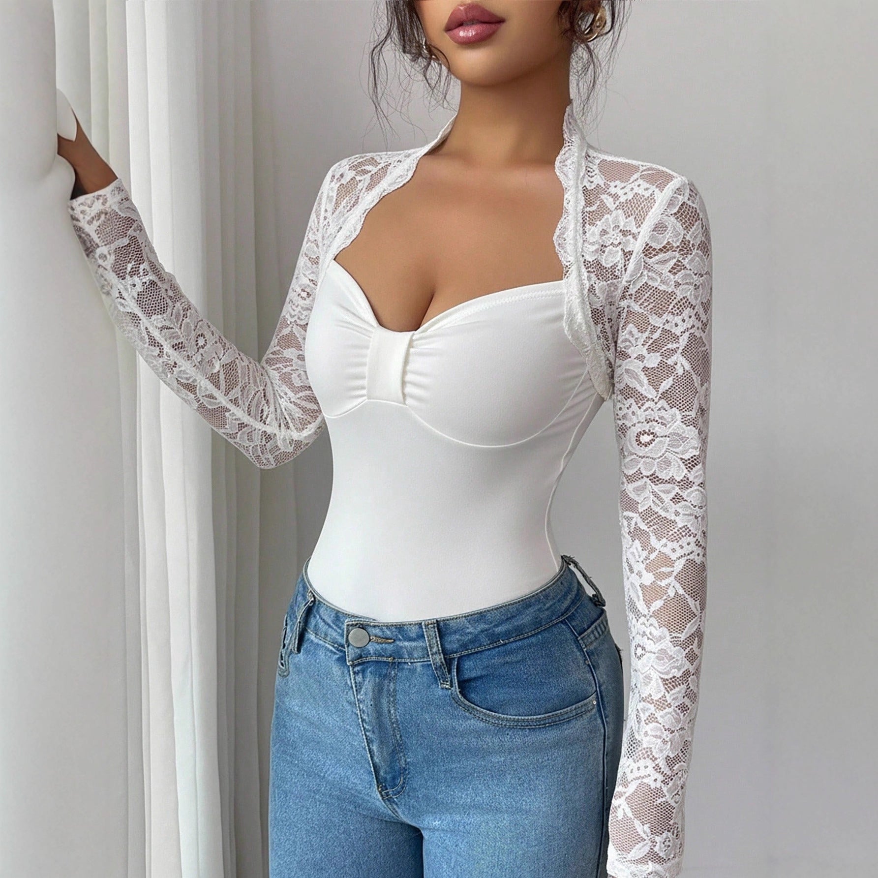 Womens Solid-Color Lace-Panel Knitted Long-Sleeve Slim-Fit T-Shirt