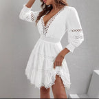 Women's Hollowedout Vneck Lanternsleeve Lacetrimmed Slimfit Dress