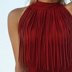 Red Tassel Halter Sleeveless Womens Tank Top