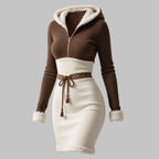 Retro Contrasting Colors Ethnic-Style Half-Zip Hooded Slim-Fit Dress