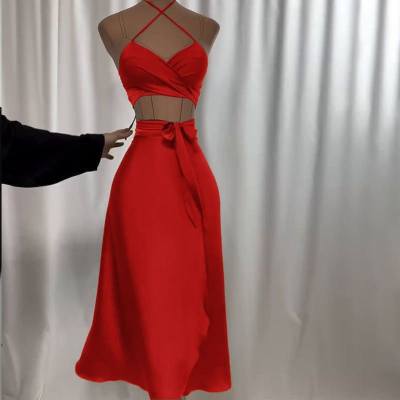 Tube-top Strap Vest And Waist-cinching Skirt Set