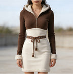 Retro Contrasting Colors Ethnic-Style Half-Zip Hooded Slim-Fit Dress