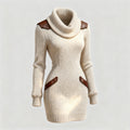 Casual Leather-Panelled Slim-Fit Turtleneck Knit Dress