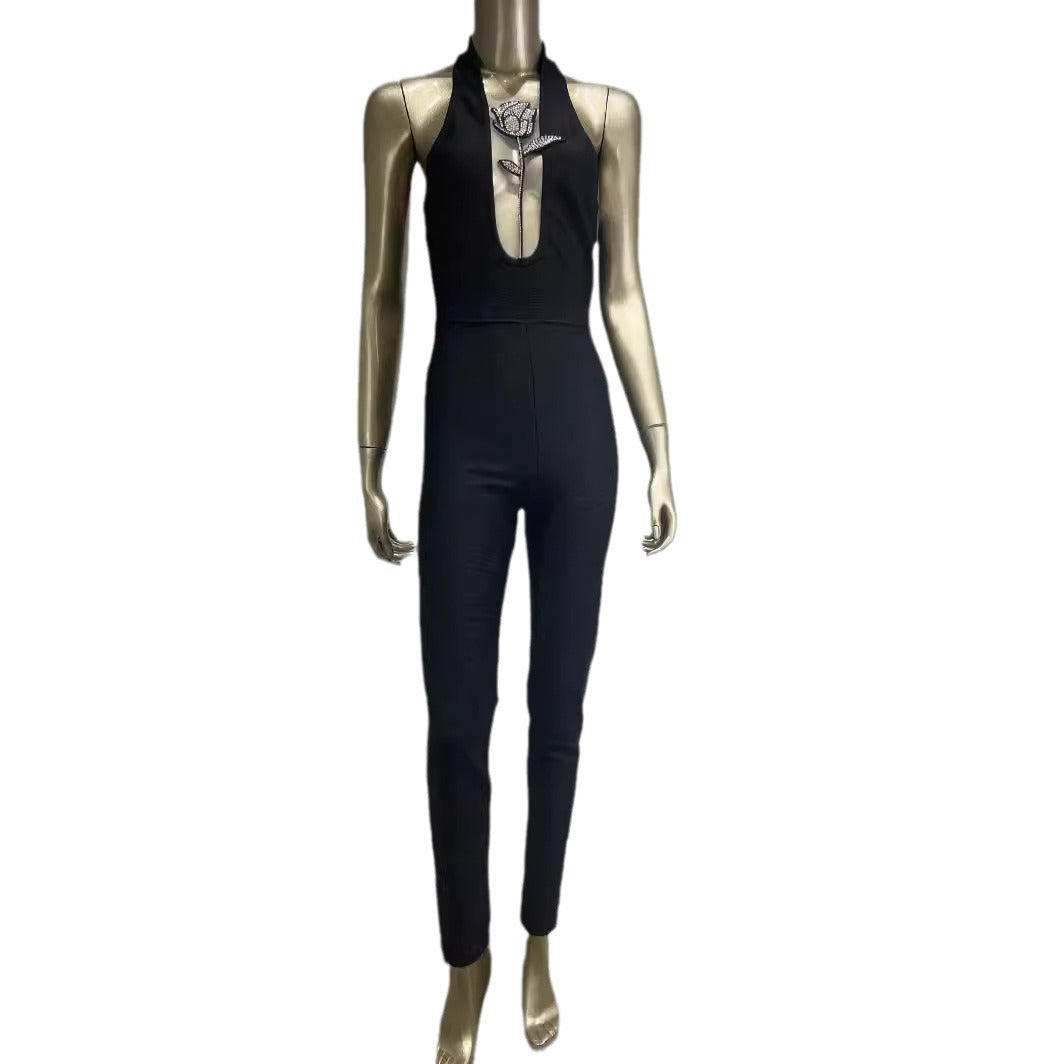 Halter Deep V Diamond Rose Tight Jumpsuit Party Dress