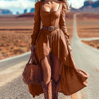 Womens Long-Sleeve Retro Western Solid-Color Dress Without Belt