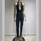Halter Deep V Diamond Rose Tight Jumpsuit Party Dress