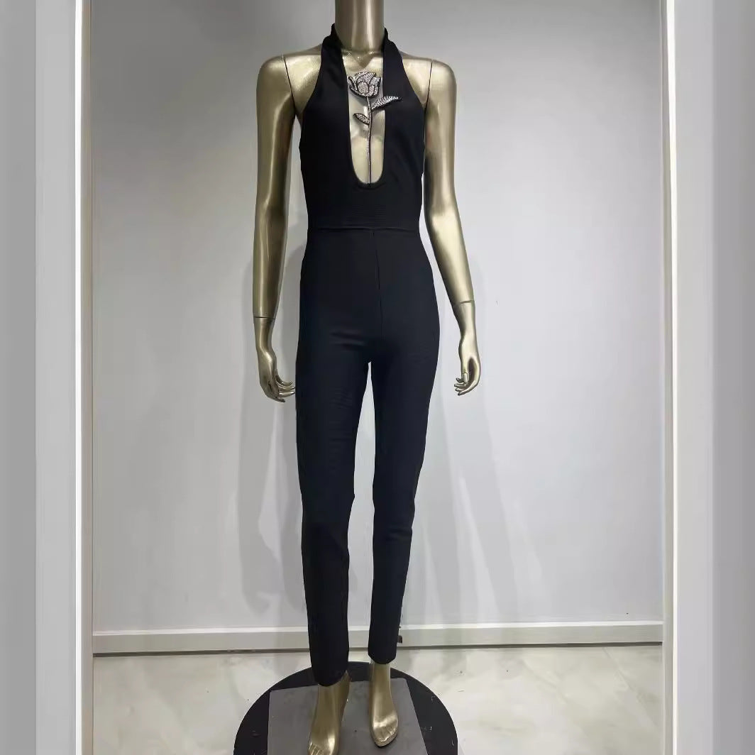Halter Deep V Diamond Rose Tight Jumpsuit Party Dress
