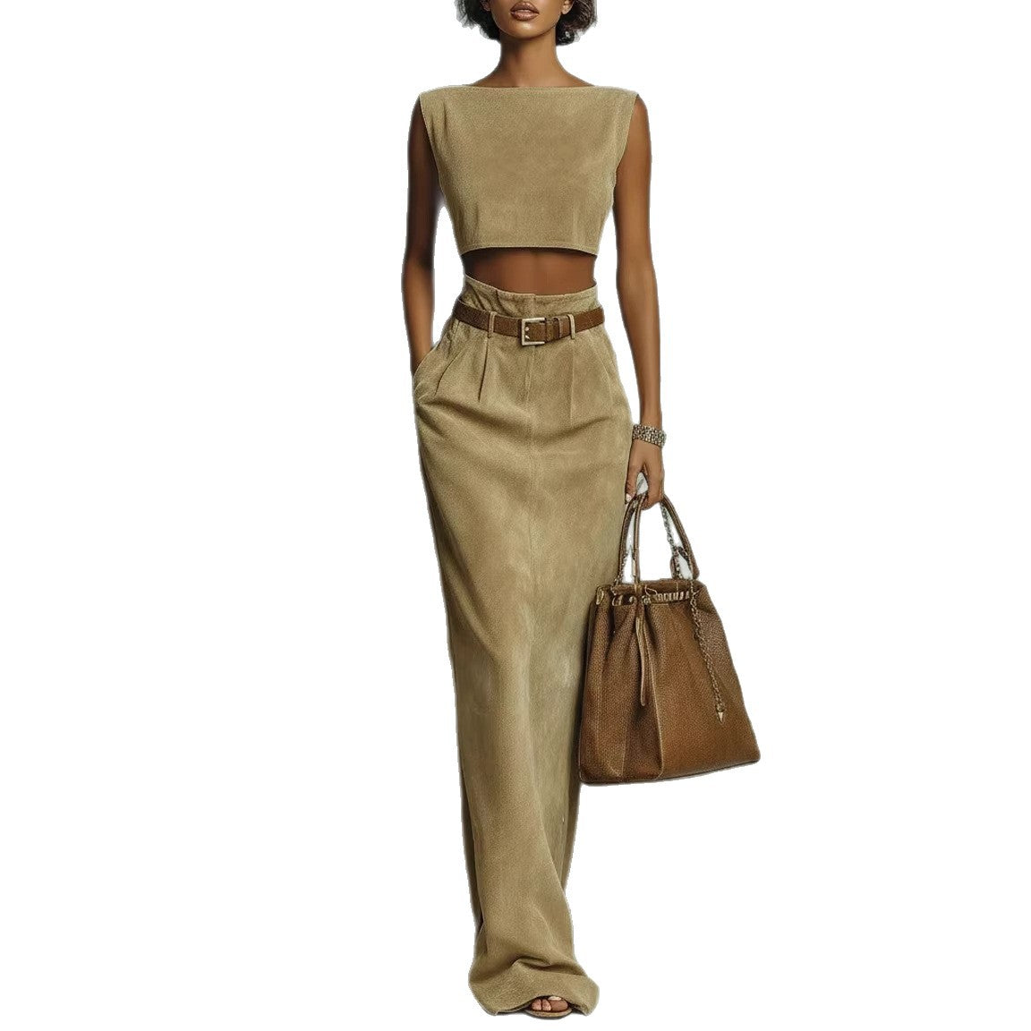 Fashionable Faux Suede Velour Set Vest And Pants