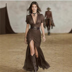 Womens Pleated Collar Button-front Short-sleeve Waist-length Dress Belt Not Included