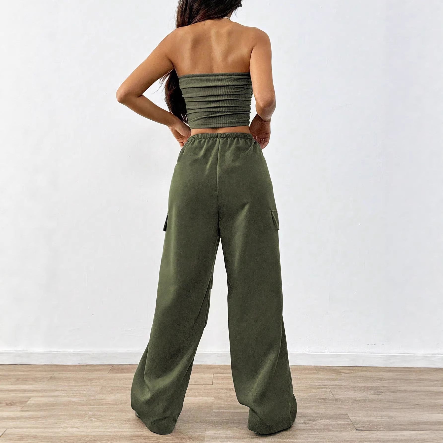 Womens Solid-Color Casual Tube Top And Overalls Two-Piece Set