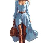 Womens Long-Sleeve Retro Western Solid-Color Dress Without Belt
