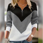 Casual Lapel Contrast-color Long-sleeve Knitted Zip-up Sweater