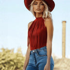 Red Tassel Halter Sleeveless Womens Tank Top