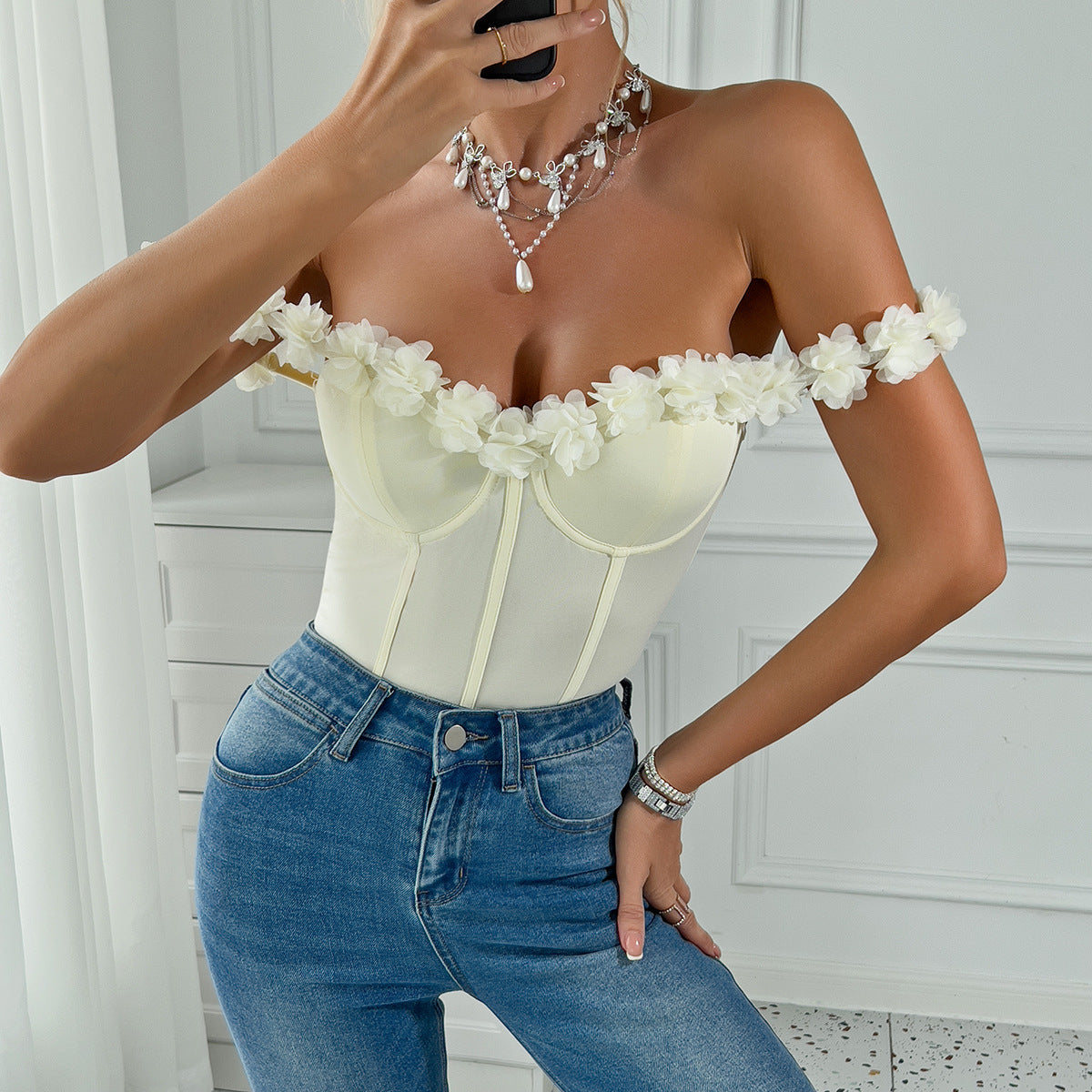 Three-dimensional Floral Off-shoulder Jumpsuit