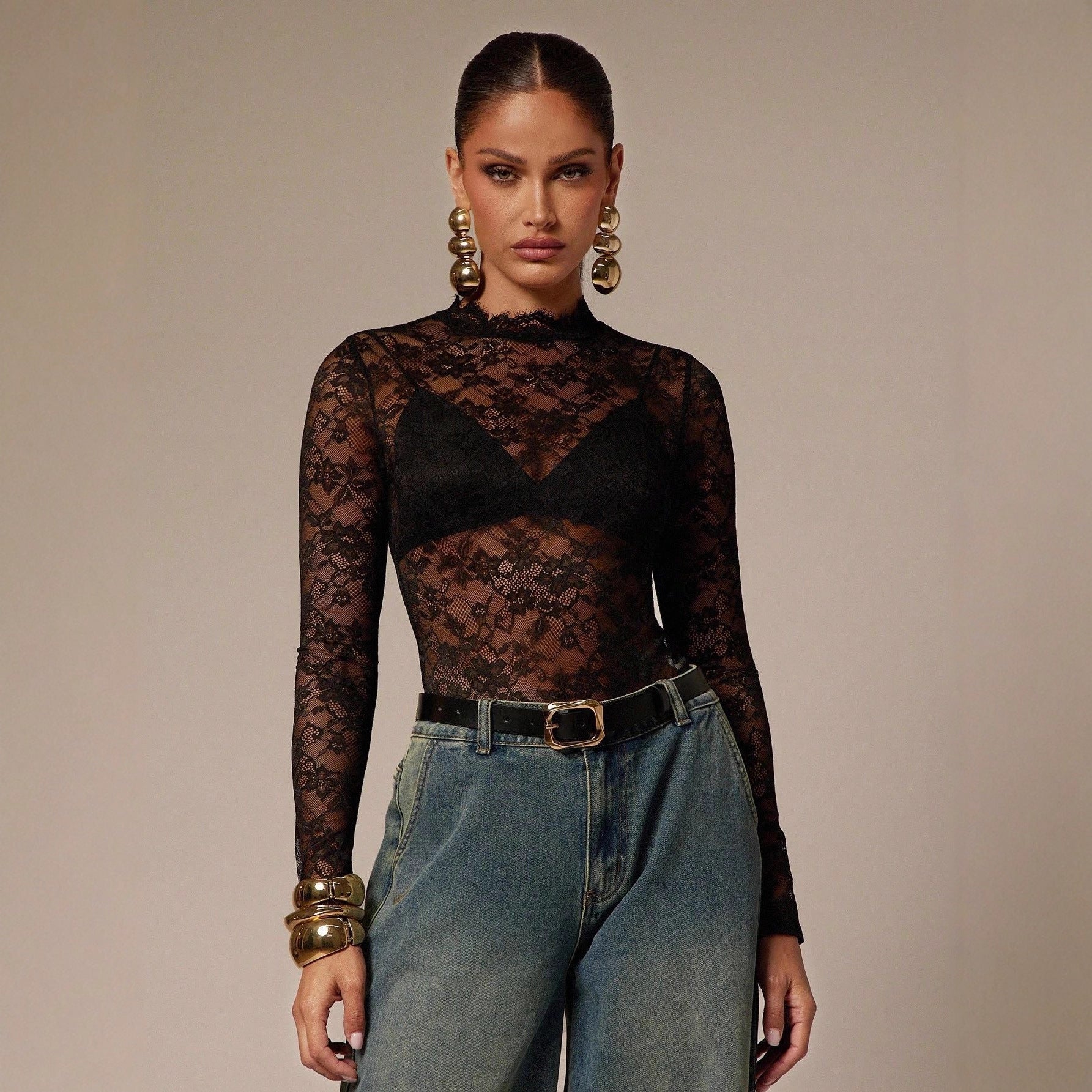 Womens Solid-Color Lace Bodysuit With Small Stand Collar And Long Sleeves