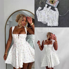 Print Strappy Low-cut Tie Sexy Backless Lace-trimmed Dress