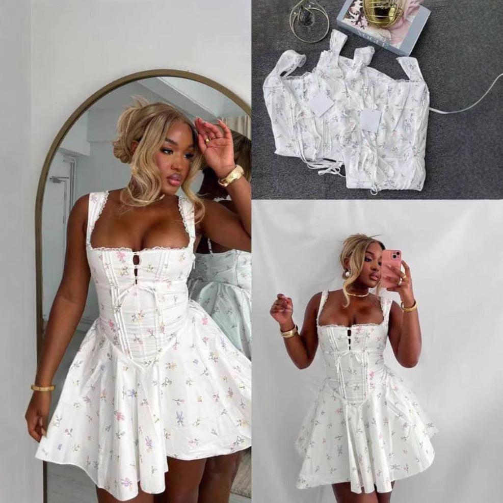 Print Strappy Low-cut Tie Sexy Backless Lace-trimmed Dress