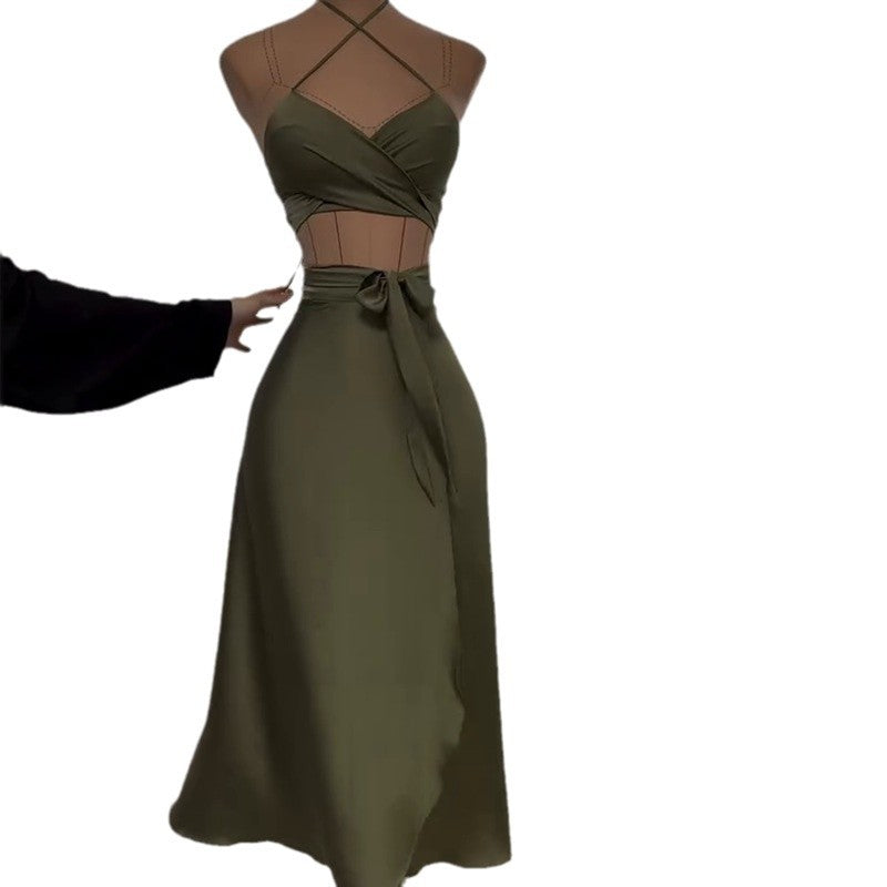 Tube-top Strap Vest And Waist-cinching Skirt Set