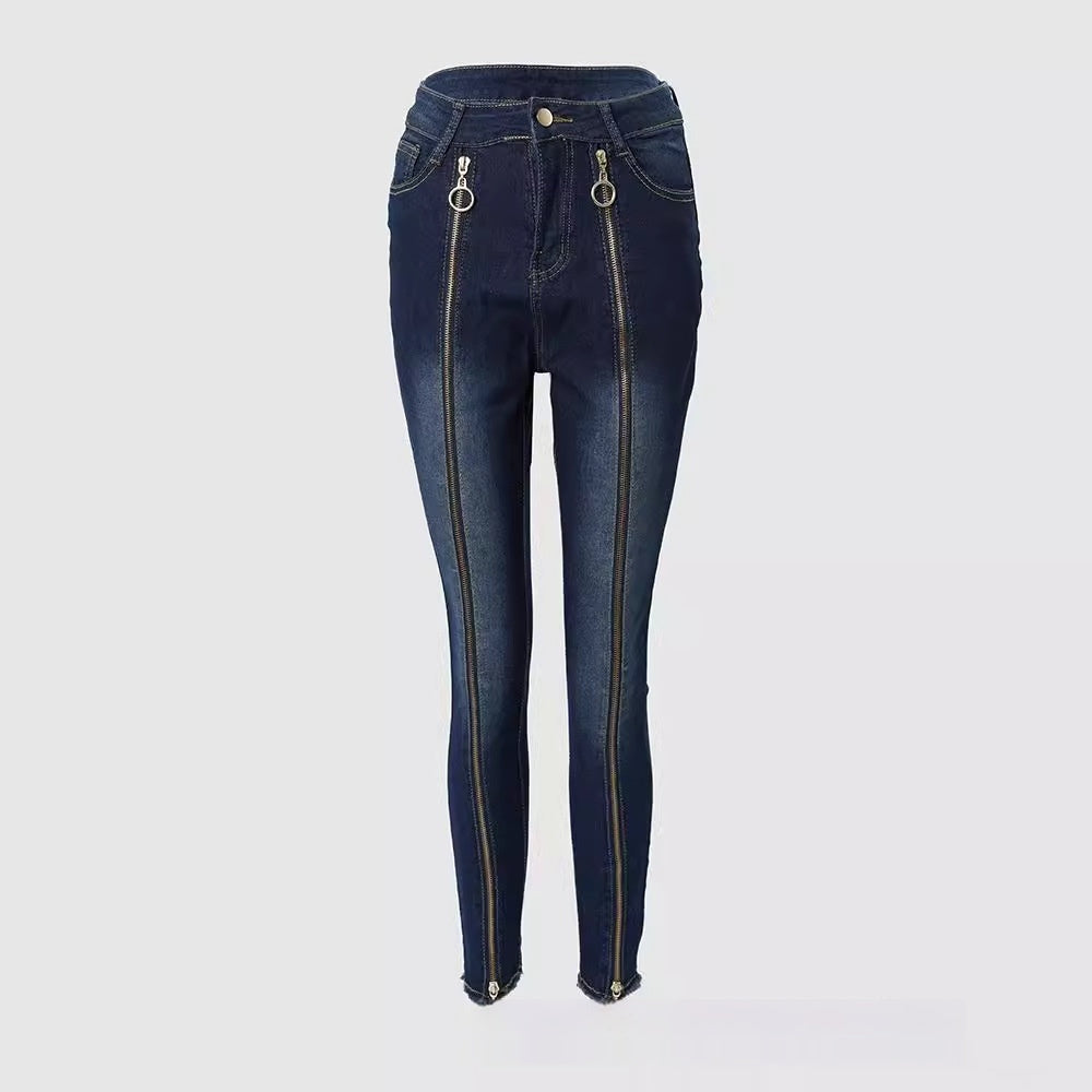 Dark Blue Metal-zipper Jeans From Europe And The US