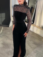 Black Long Sleeve Lace Velvet Bodycon Dress Two Piece Set