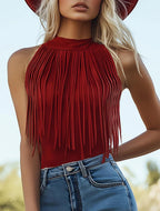 Red Tassel Halter Sleeveless Womens Tank Top