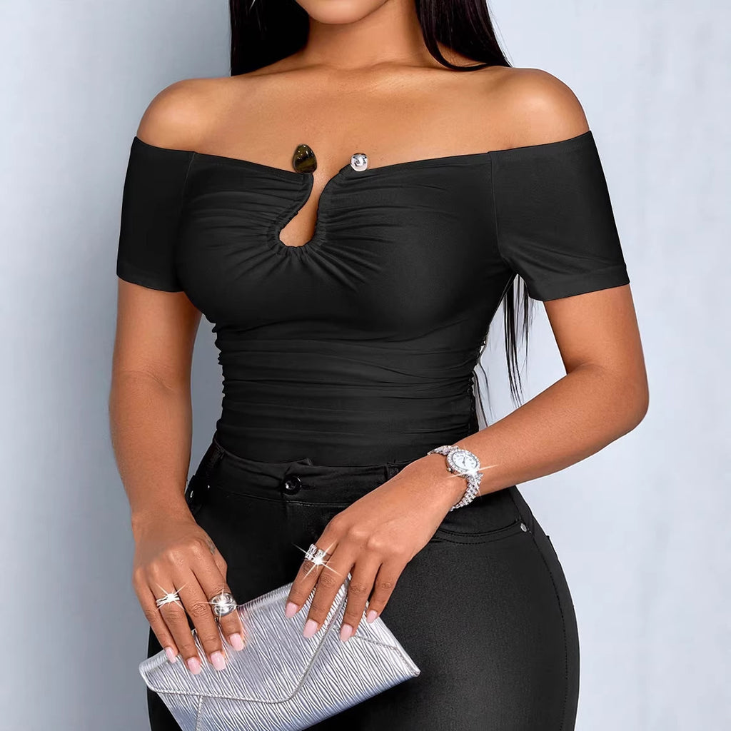 Womens Sexy Form-fitting Off-shoulder Short-sleeve T-shirt