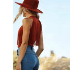 Red Tassel Halter Sleeveless Womens Tank Top