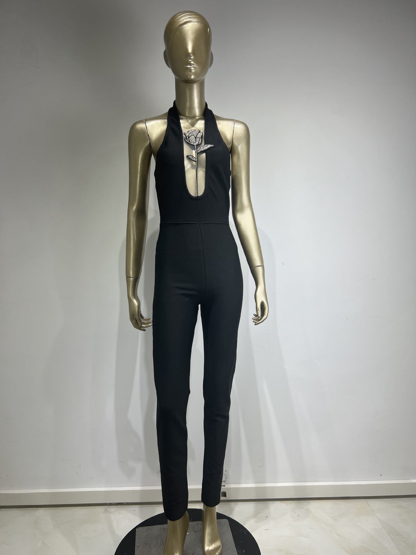 Halter Deep V Diamond Rose Tight Jumpsuit Party Dress