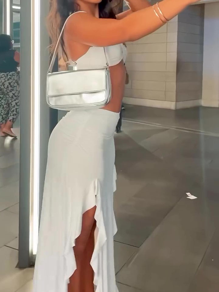 White Bandeau Top & Ruffled Slit Skirt Set