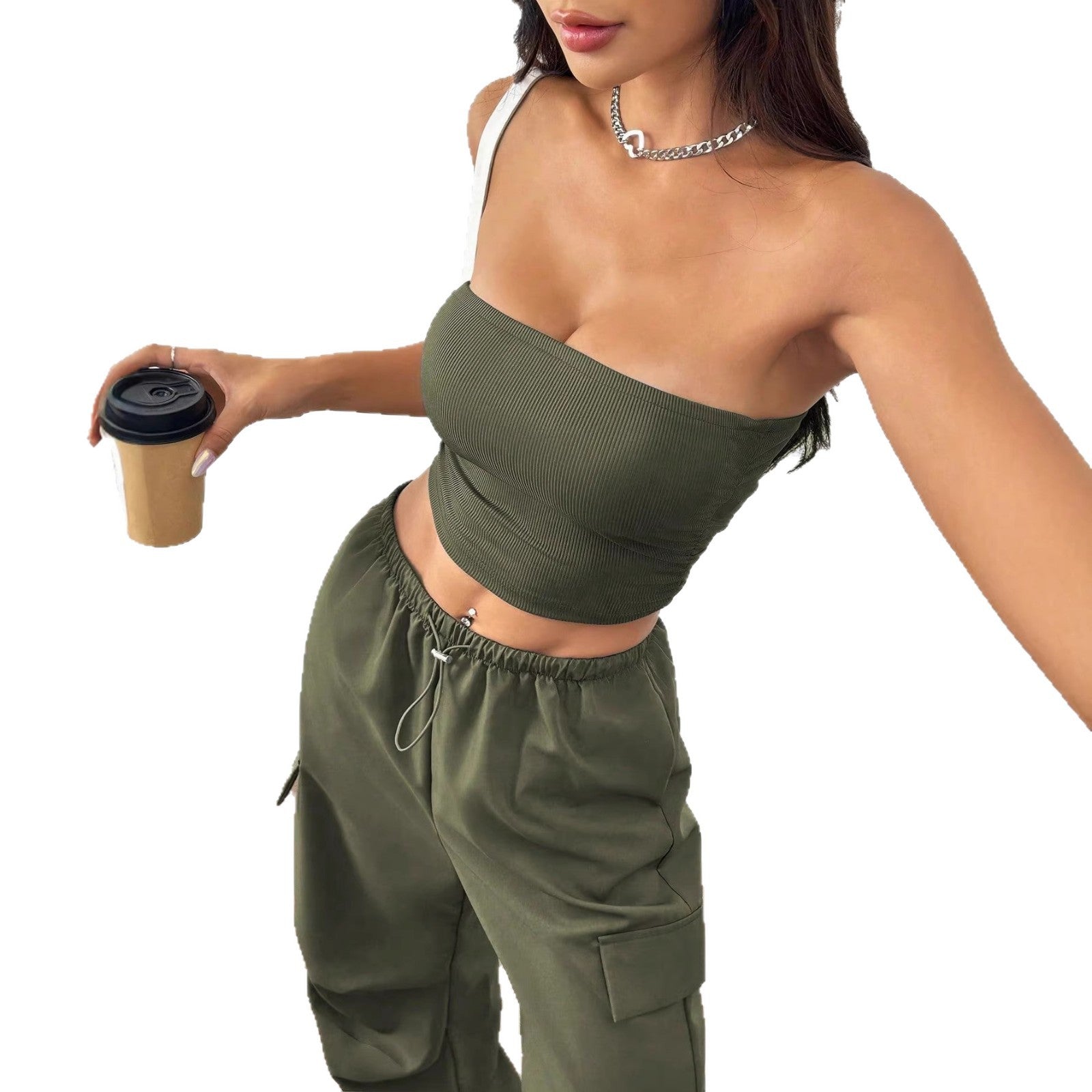 Womens Solid-Color Casual Tube Top And Overalls Two-Piece Set