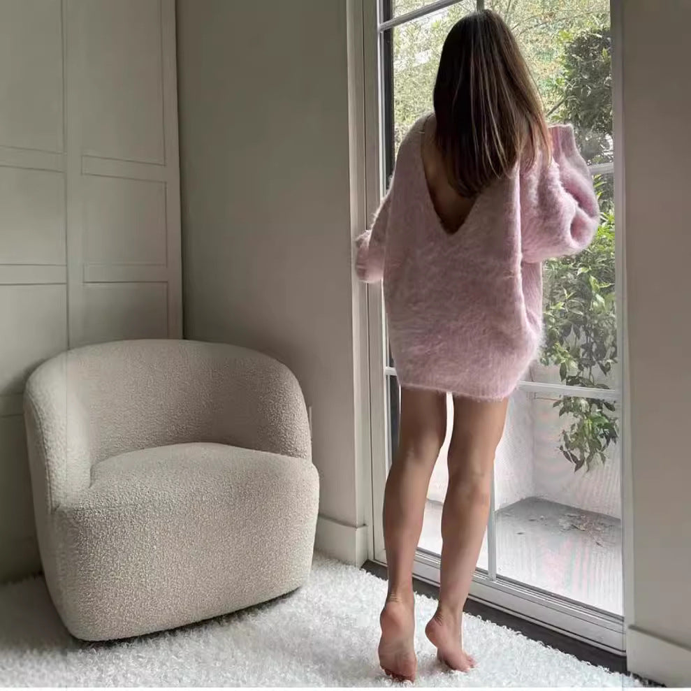 V-neck Backless Lace-up Midi Sweater For Women