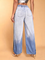 Light Blue Ombre Wide-Leg Jeans With Elastic Waist