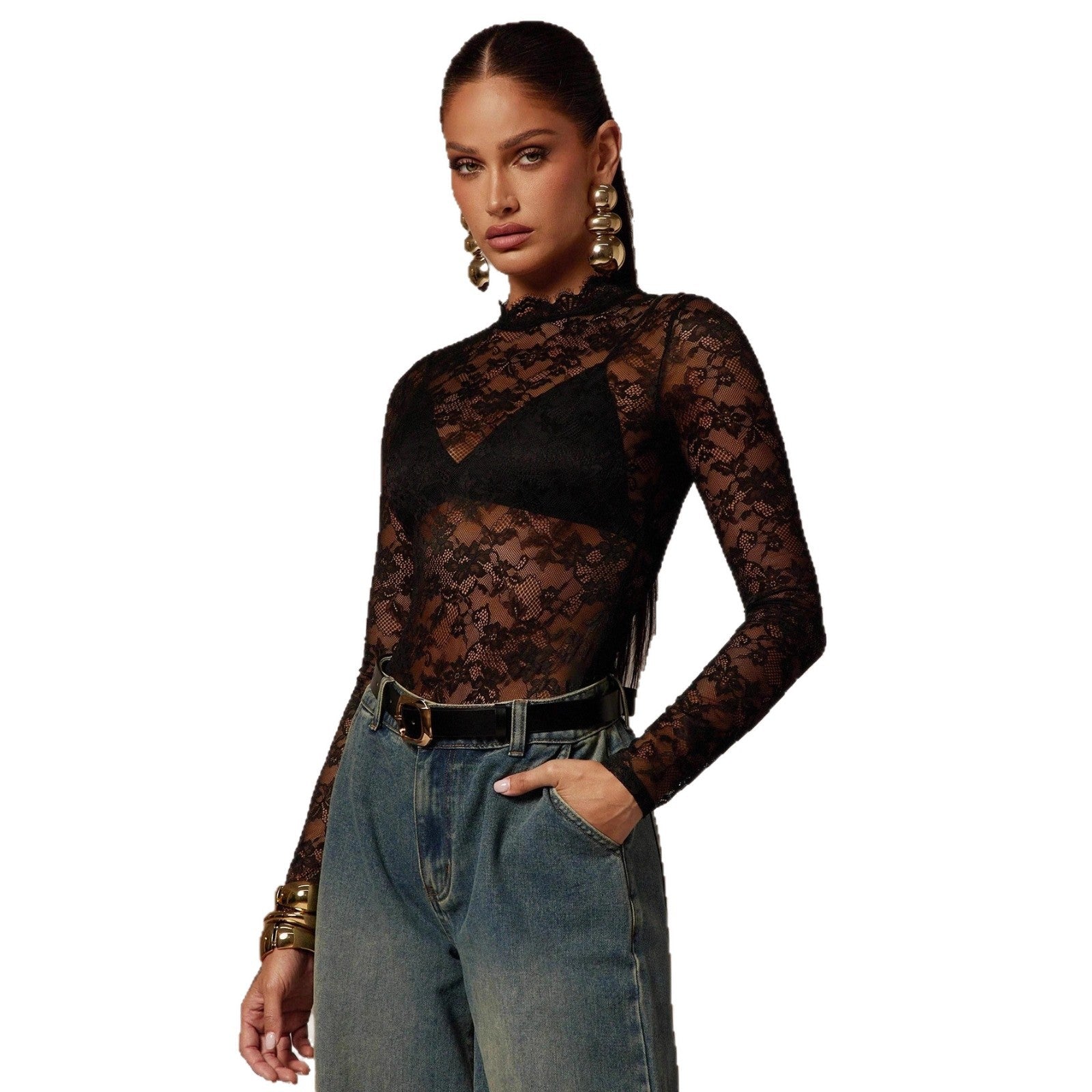 Womens Solid-Color Lace Bodysuit With Small Stand Collar And Long Sleeves