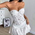 Womens Floral Lace Trim Underwire Fishbone Hollow-Out Lace-Up Tube Top